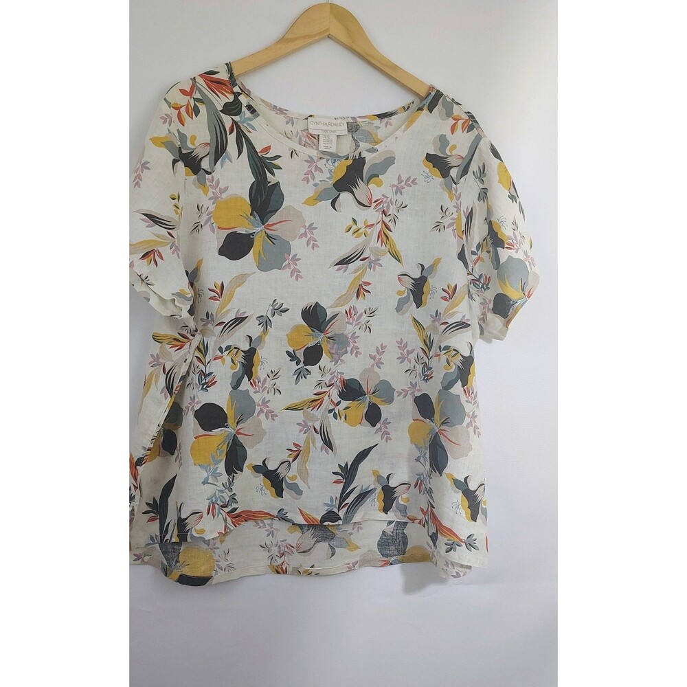 CYNTHIA ROWLEY  Short Sleeve  Shirt 100% Linen white Floral tunic top Size 2X